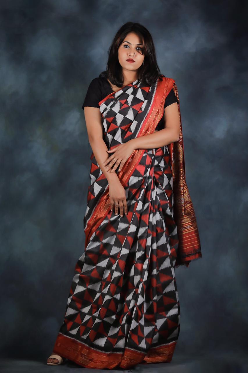 Handwoven Khandua Black Grey Gudi (Kite) Theme Silk Ikkat Saree (With ...